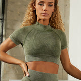 Seamless Washable Yoga Wear High Neck Short Sleeve Gym Suit Women's Sports Buttocks Shorts Suit