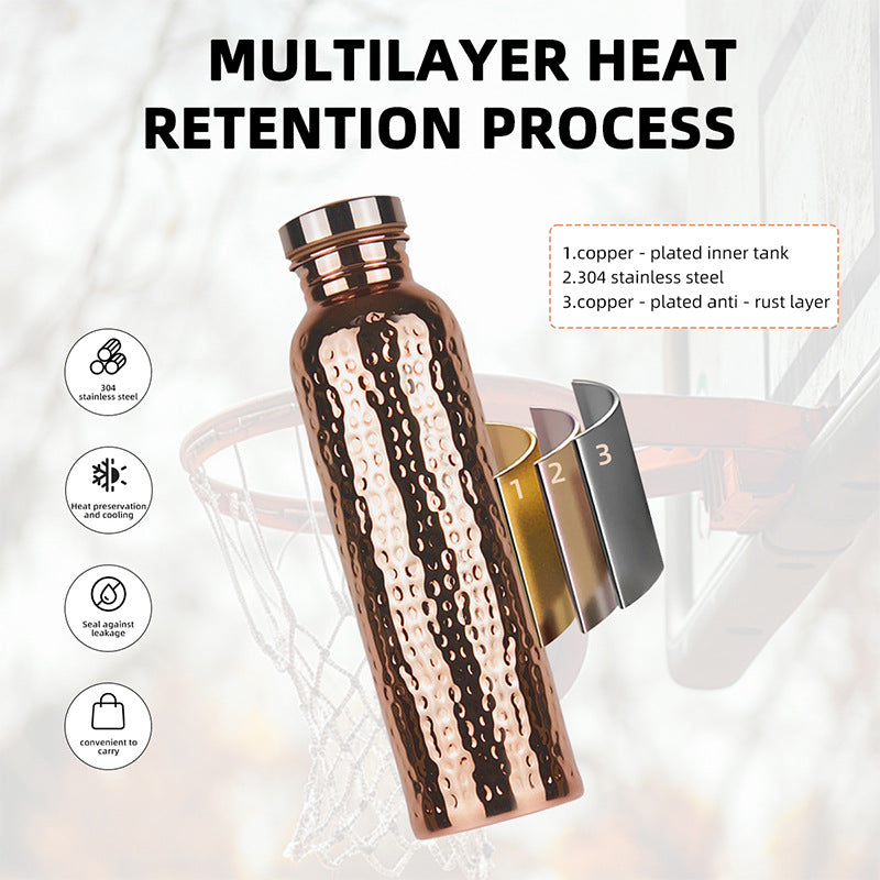 800ML Copper Hammer - Pattern Water Bottle: Leakproof, for Sports/Outdoor/Cycling/Gym/Fitness/Travel