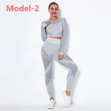 Women Seamless Gym Sets High Waist Gym Mesh Leggings Shirts Suit Long Sleeve Fitness Workout Sports Running Thin Sport Sets